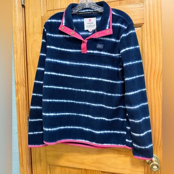 Simply Southern Tops - Simply Southern size M navy and white striped 1/2 button sweater with pink trim
